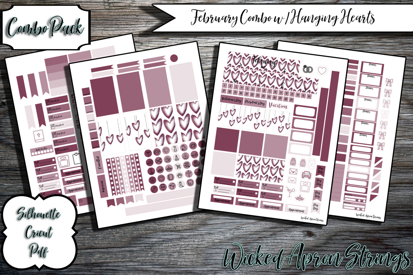 Printable Stickers for Classic Happy Planner Monthly and Weekly Planner Spread : February Combo Pack- Hanging Hearts