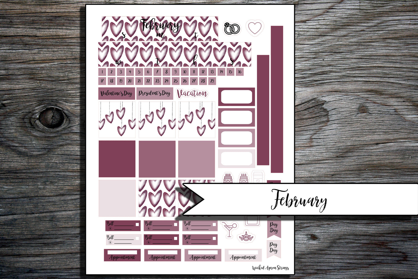 Printable Stickers for Classic Happy Planner Monthly and Weekly Planner Spread : February Combo Pack- Hanging Hearts