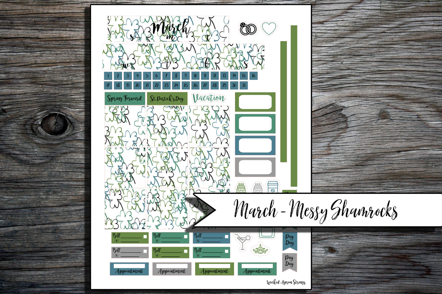 Printable Stickers for Classic Happy Planner Monthly Planner Spread : March - Messy Shamrocks