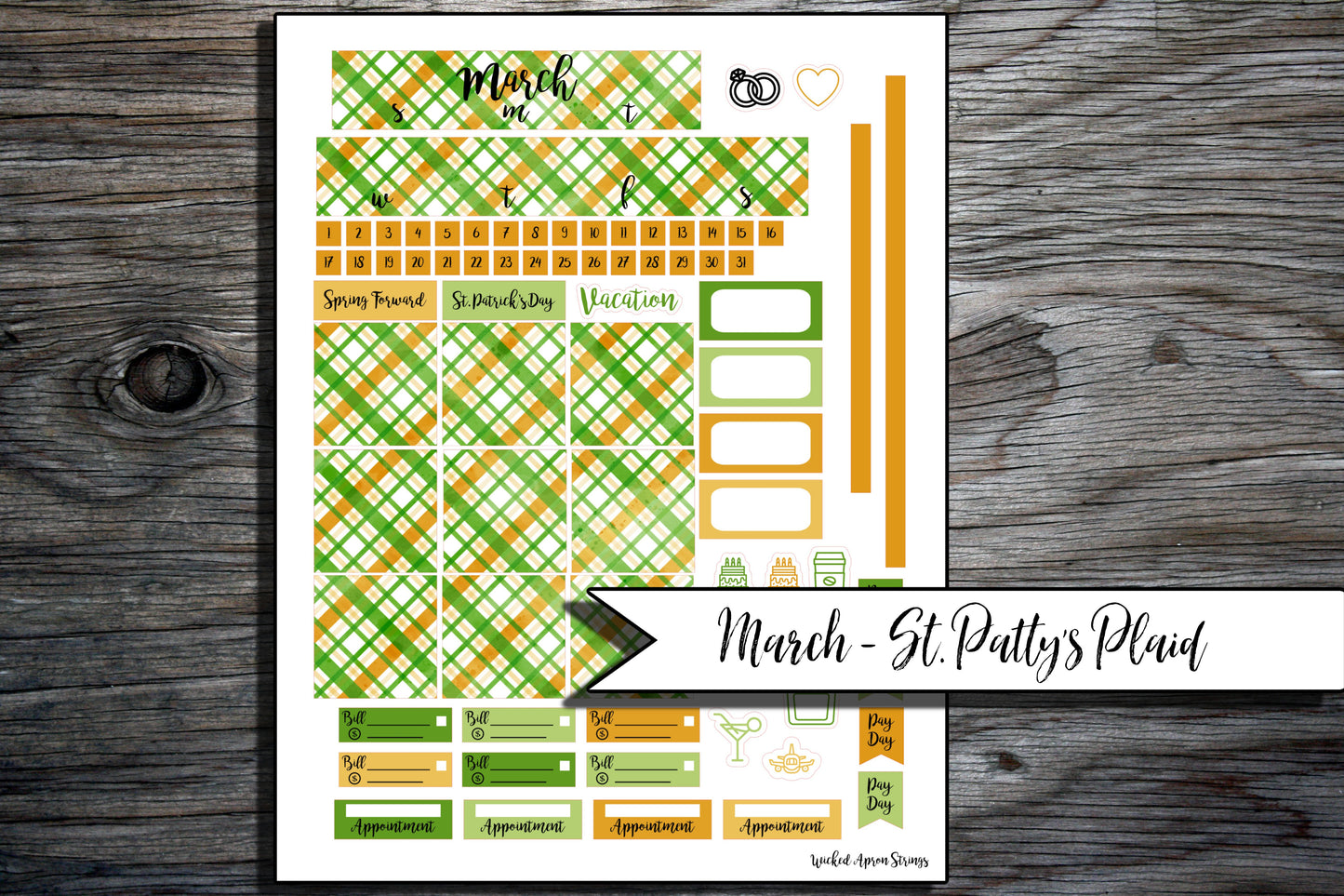 Printable Stickers for Classic Happy Planner Monthly Planner Spread : March - St. Patty's Plaid