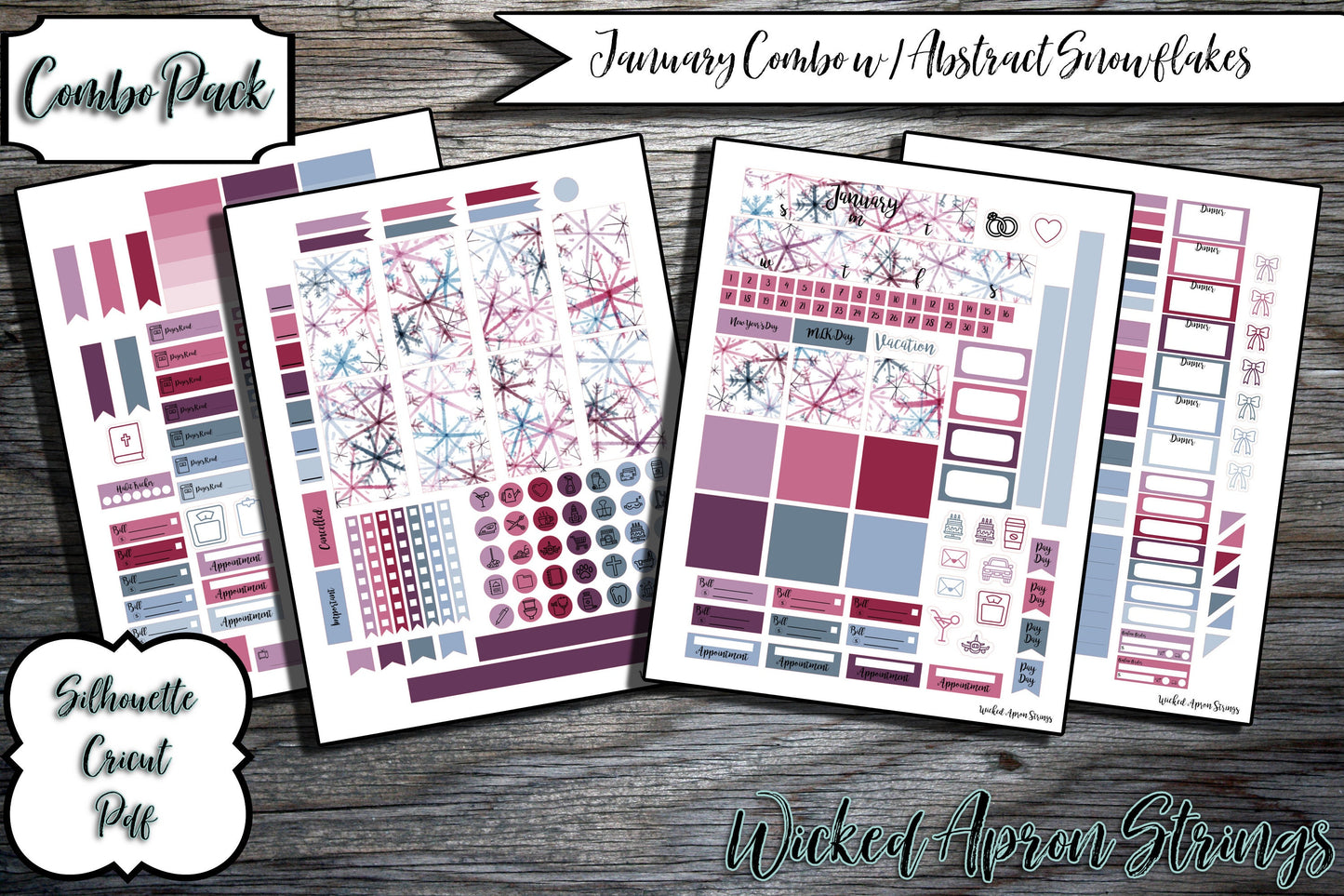 Printable Stickers for Classic Happy Planner Monthly and Weekly Planner Spread : January Combo Pack- Abstract Snowflakes