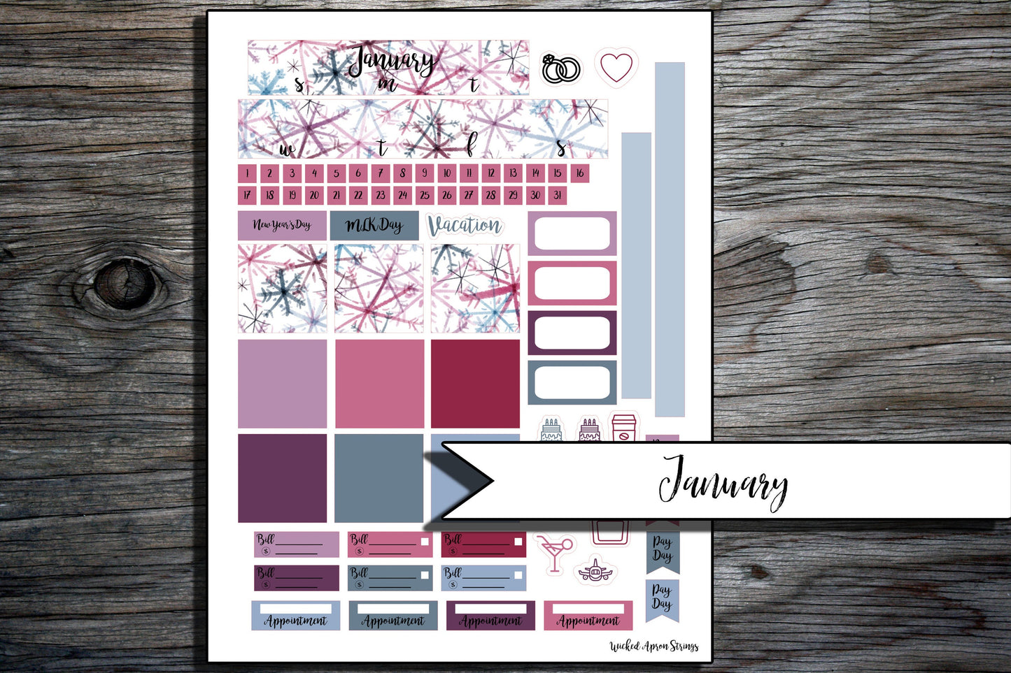 Printable Stickers for Classic Happy Planner Monthly and Weekly Planner Spread : January Combo Pack- Abstract Snowflakes