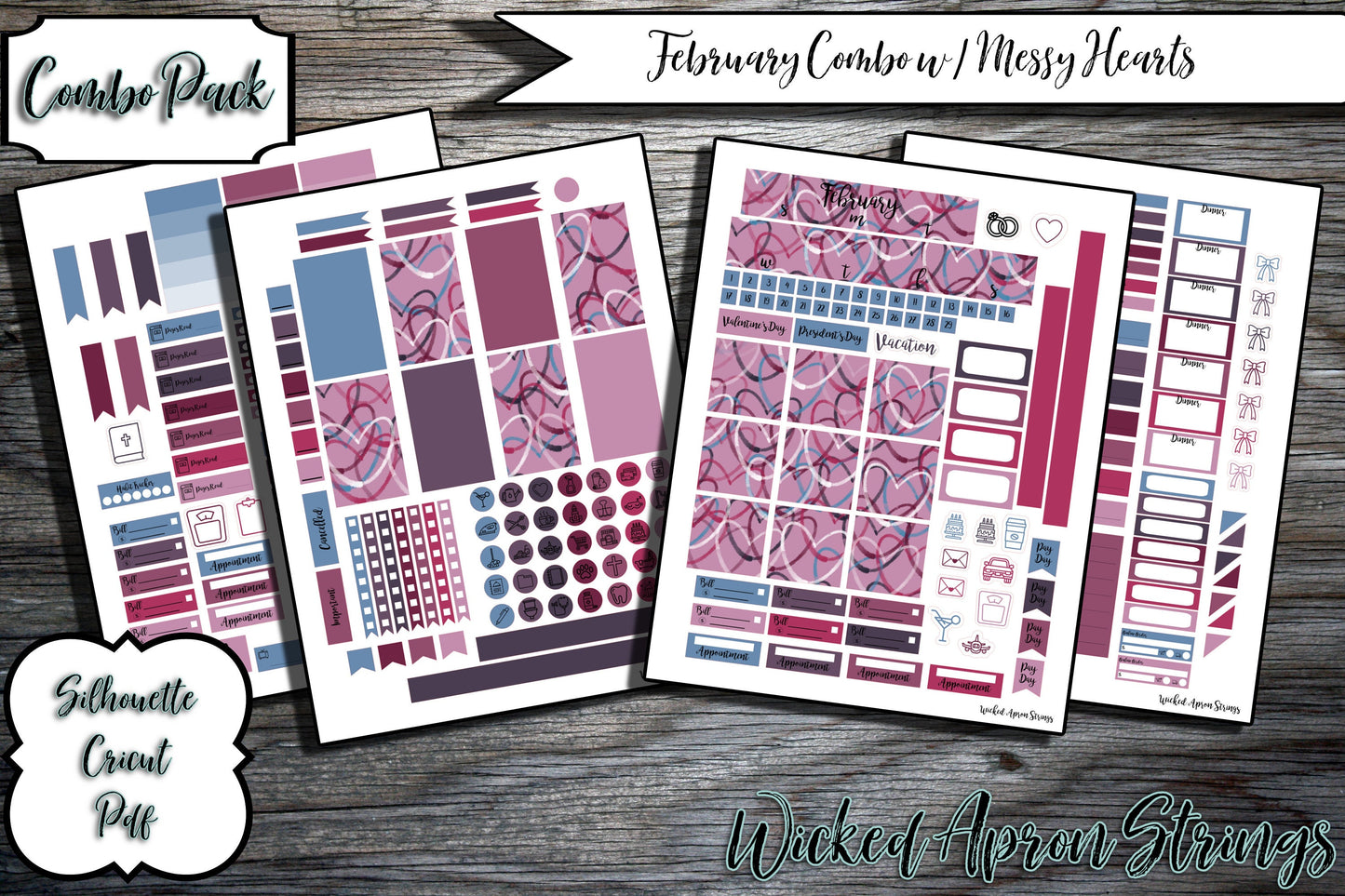 Printable Stickers for Classic Happy Planner Monthly and Weekly Planner Spread : February Combo Pack- Messy Hearts